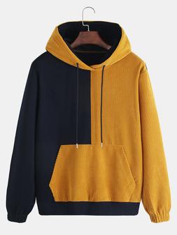 Corduroy Mens Solid Colore Patchwork Canguro Pocket Casual c