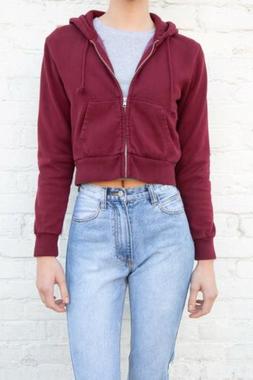 Brandy Melville Corto Burgundy Zip Cristallo Felpa con Cappu