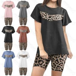 Donna 2PC T-Shirt Ciclismo Pantaloncini Leopardo Pannello Su