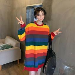 Donna Arcobaleno a Righe Felpa Maglione Sciolto Casual Overs