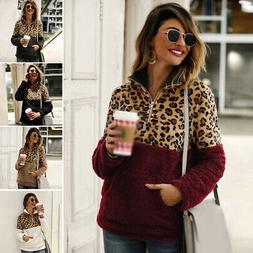 Donna Colletto Leopardato Zip Soffice Top Felpa con Cappucci