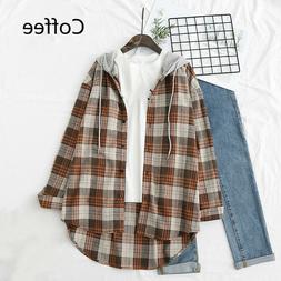 Donna Coulisse Felpa con Cappuccio T Shirt Quadri Manica Lun