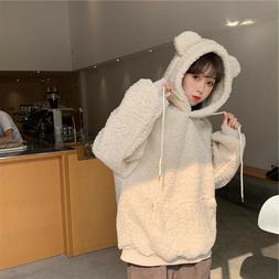 Donna Felpa con Cappuccio Maglia Pullover Soffice Pile Orso 