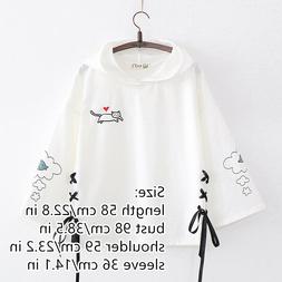Donna Gatto Stampa Felpa con Cappuccio Maglione Top Lacci Ca