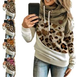 Donna Leopardato Larga con Cappuccio Manica Lunga Top Felpa 