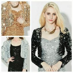 Donna Lustrini Cardigan Corto Cappotto Giacca Manica Lunga B