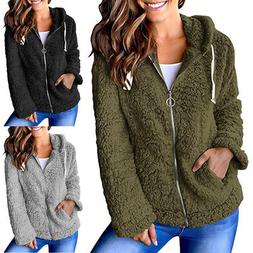 Donna Orsacchiotto Cappotto Soffice Giacca con Cappuccio Zip