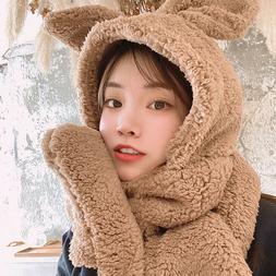 Donna Pile Cappello Sciarpa Guanti 3 IN 1 Set Coniglio Orecc