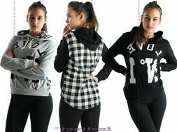 Felpa donna cappuccio scacchi maglia maniche lunghe tartan c