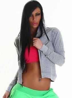 FELPA DONNA CON CAPPUCCIO giacca zip cerniera grigio strass 