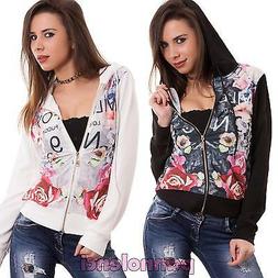 Felpa donna maglia maniche lunghe zip fiori cappuccio cotone