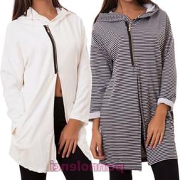 Felpa donna maglia spacco cotone zip manica lunga casual cap