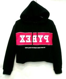 Pyrex felpa donna, nera, con cappuccio, corta ,grande logo  