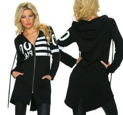 Felpa nera lunga donna ginocchio cappuccio zip cut stondata 