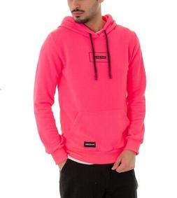 Felpa Uomo con Cappuccio Stampa Scritta Tasca Frontale Rosa 