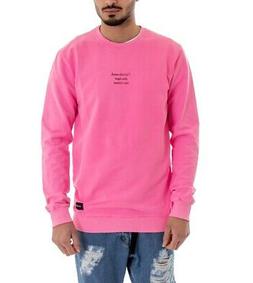 Felpa Uomo Maglia Girocollo Rosa Fluo Stampa Garzata Scritta