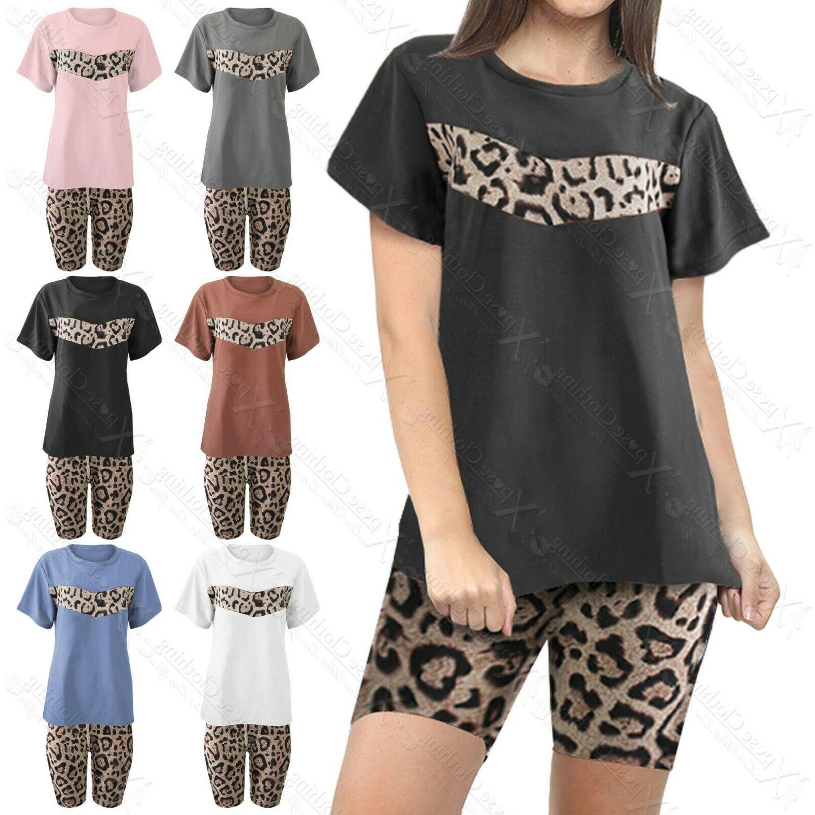 donna 2pc t shirt ciclismo pantaloncini leopardo