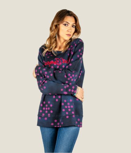 felpa donna blu cotone girocollo con fantasia