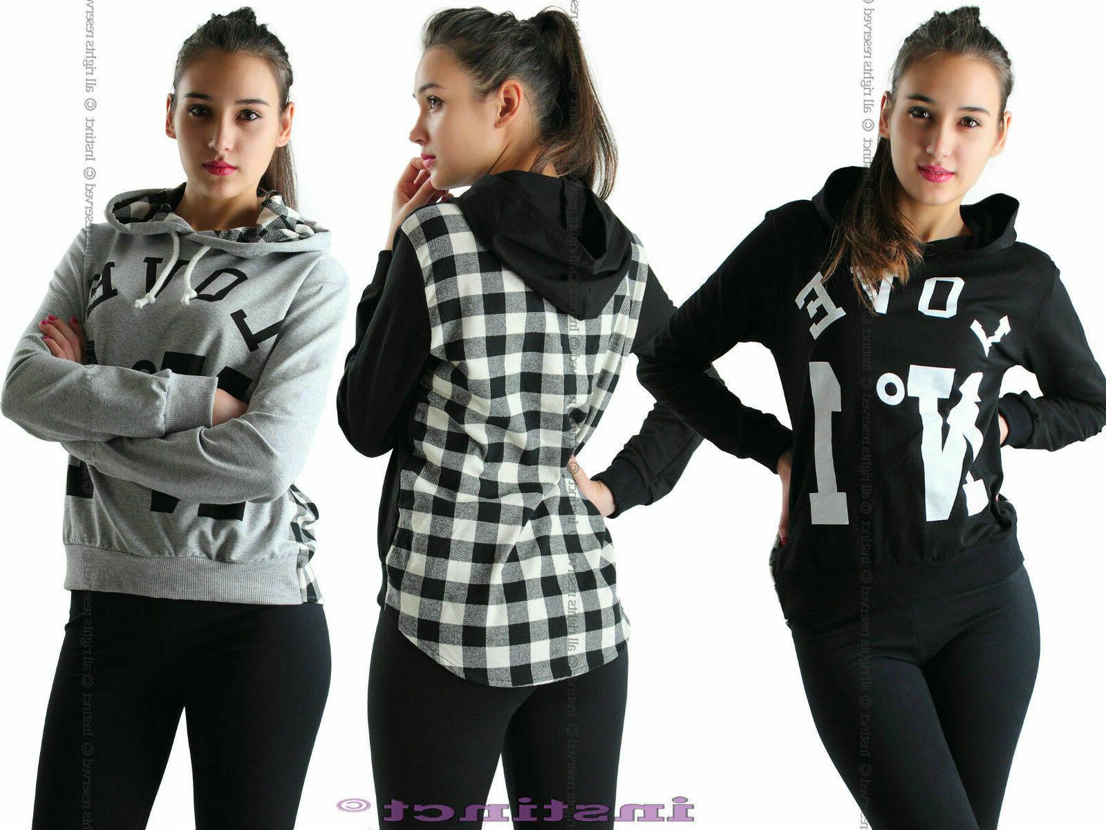 felpa donna cappuccio scacchi maglia maniche lunghe