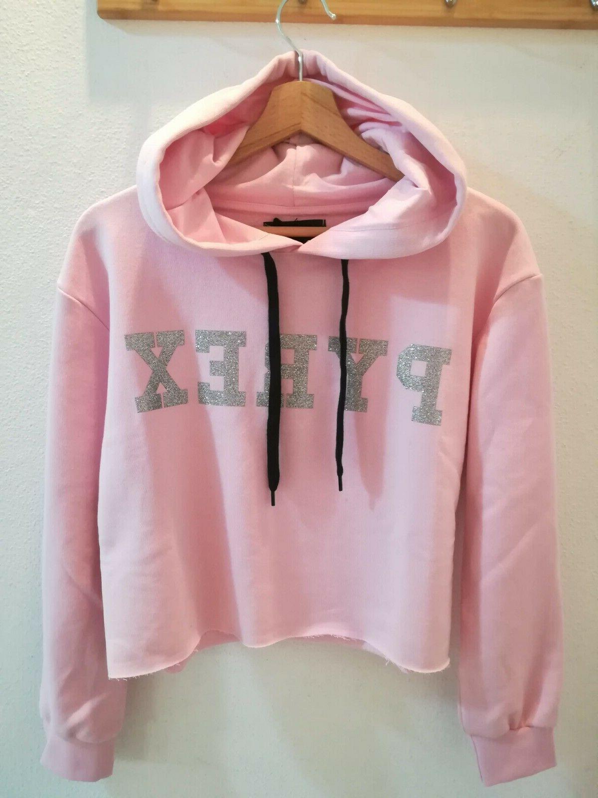 felpa donna corta cappuccio rosa logo glitter