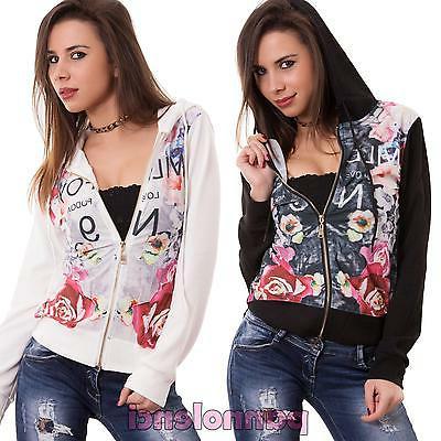 felpa donna maglia maniche lunghe zip fiori