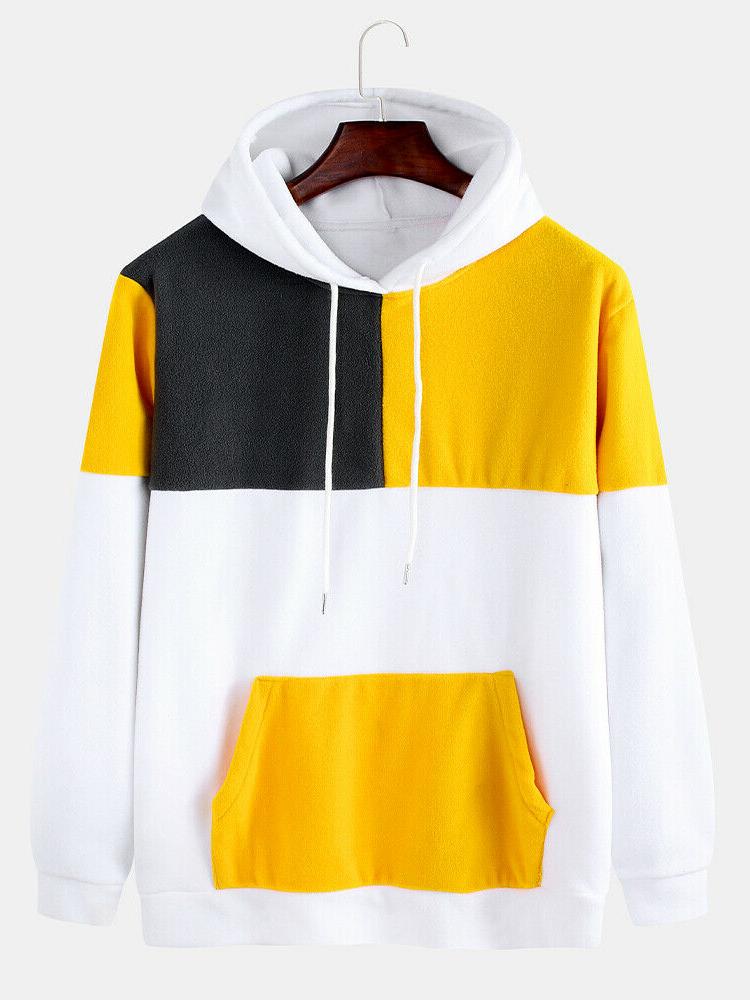 mens solid colore patchwork canguro pocket long