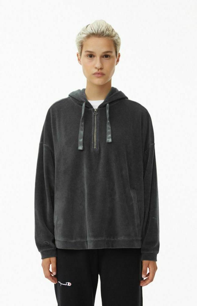 velour mezza cerniera oversize cappuccio donna nero