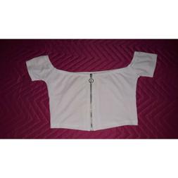 Maglietta crop da donna con zip e spalle scoperte, tessuto a