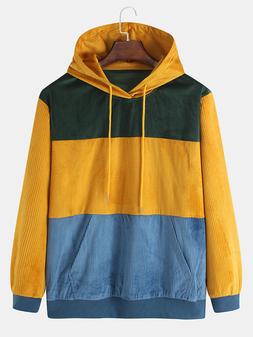 Mens Corduroy Patchwork Colore Block Long Sleeve Design Hood