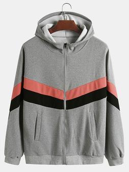 Mens Cotton Patchwork Colore Block Chiusura Lampo Front Casu