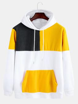 Mens Solid Colore Patchwork Canguro Pocket Long Sleeve Desig
