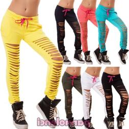 Pantaloni donna tuta fitness sport polsini strappi tagli rip