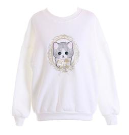 TS-246-2 Bianco Gatto Cat Ricamo Fiocco Sweatshirt Pastello 