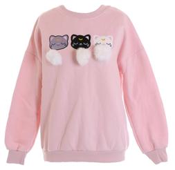 TS-249-1 Rosa Gatto Cat Ricamo Pompon Sweatshirt Pastello Da