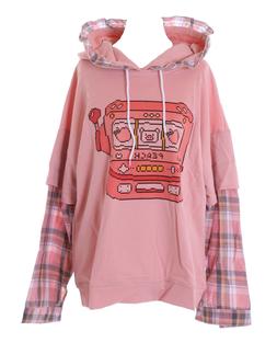 TS-289 Rosa Stampa Twin-Look Effetto Oversize Hemd&auml;rmel Cap