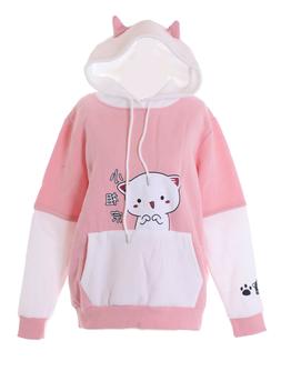 TS-291-1 Rosa Bianco Gatto Stampa Cappuccio Con Ohren Felpa 